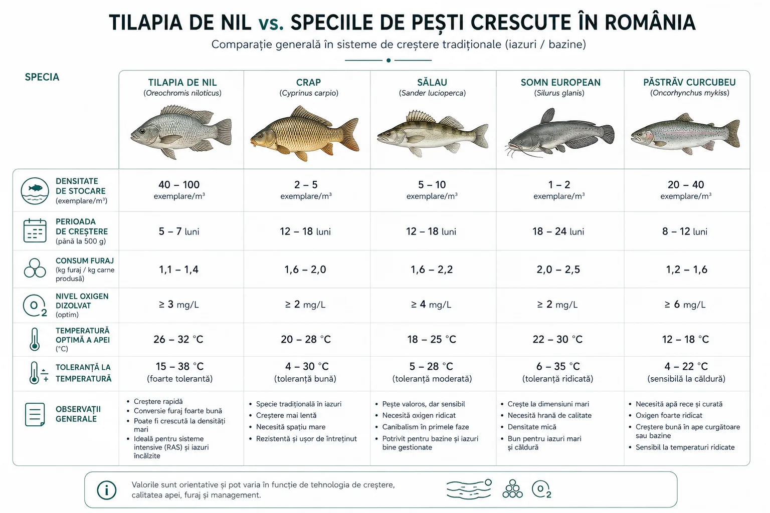 Tabel comparativ Tilapia de Nil vs. crap, șalău, somn european și păstrăv curcubeu, pe densitate de stocare, perioadă de creștere, consum de furaj, nivel de oxigen, temperatură optimă și toleranță la temperatură.