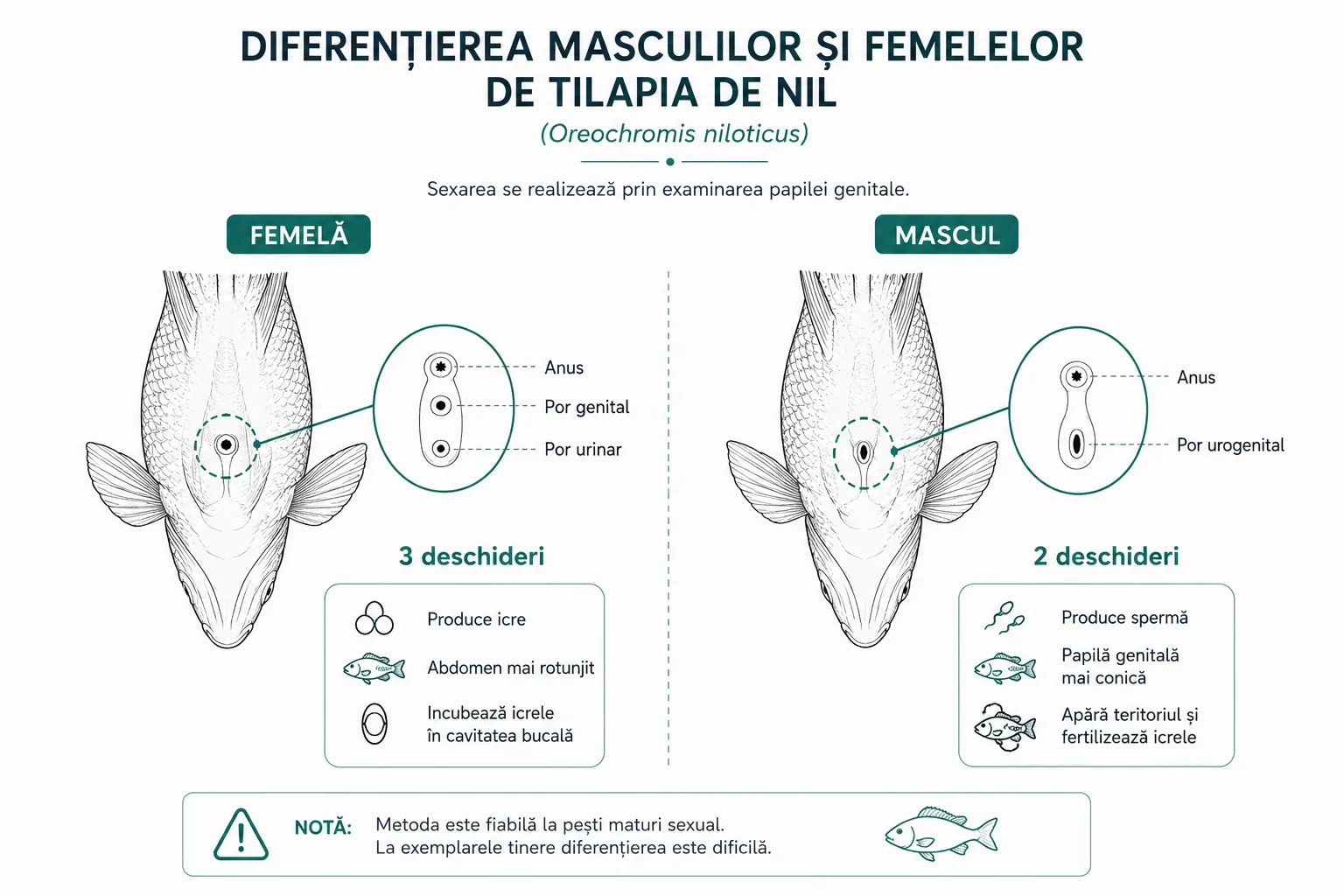 Diferențierea masculilor și femelelor de Tilapia de Nil prin examinarea papilei genitale: femela are 3 deschideri (anus, por genital, por urinar) și produce icre, masculul are 2 deschideri (anus, por urogenital) și produce spermă.