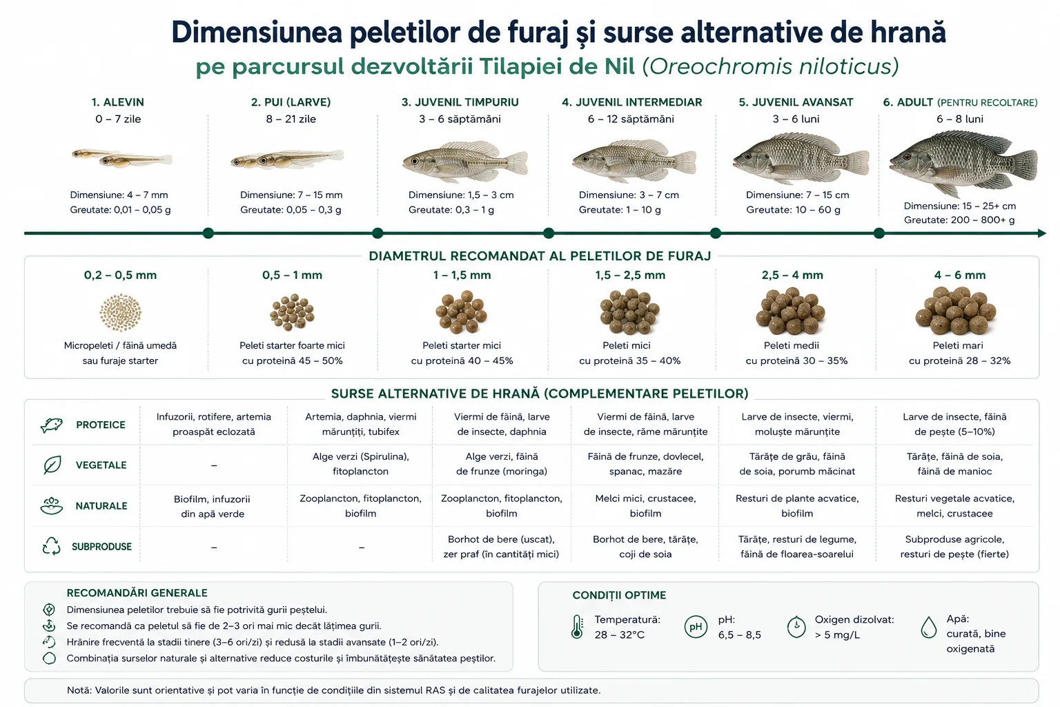 Tabel cu 6 etape de dezvoltare a Tilapiei de Nil (alevin, pui, juvenil timpuriu, intermediar, avansat, adult), dimensiunea și greutatea la fiecare etapă, diametrul recomandat al peleților de furaj și surse alternative de hrană proteice, vegetale, naturale și subproduse.