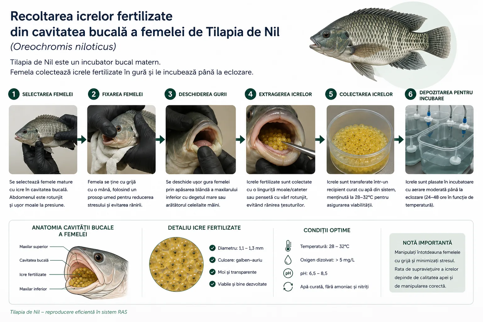 Șase pași pentru recoltarea icrelor fertilizate din cavitatea bucală a femelei de Tilapia de Nil: selectarea femelei, fixarea femelei, deschiderea gurii, extragerea icrelor, colectarea icrelor și depozitarea pentru incubare.