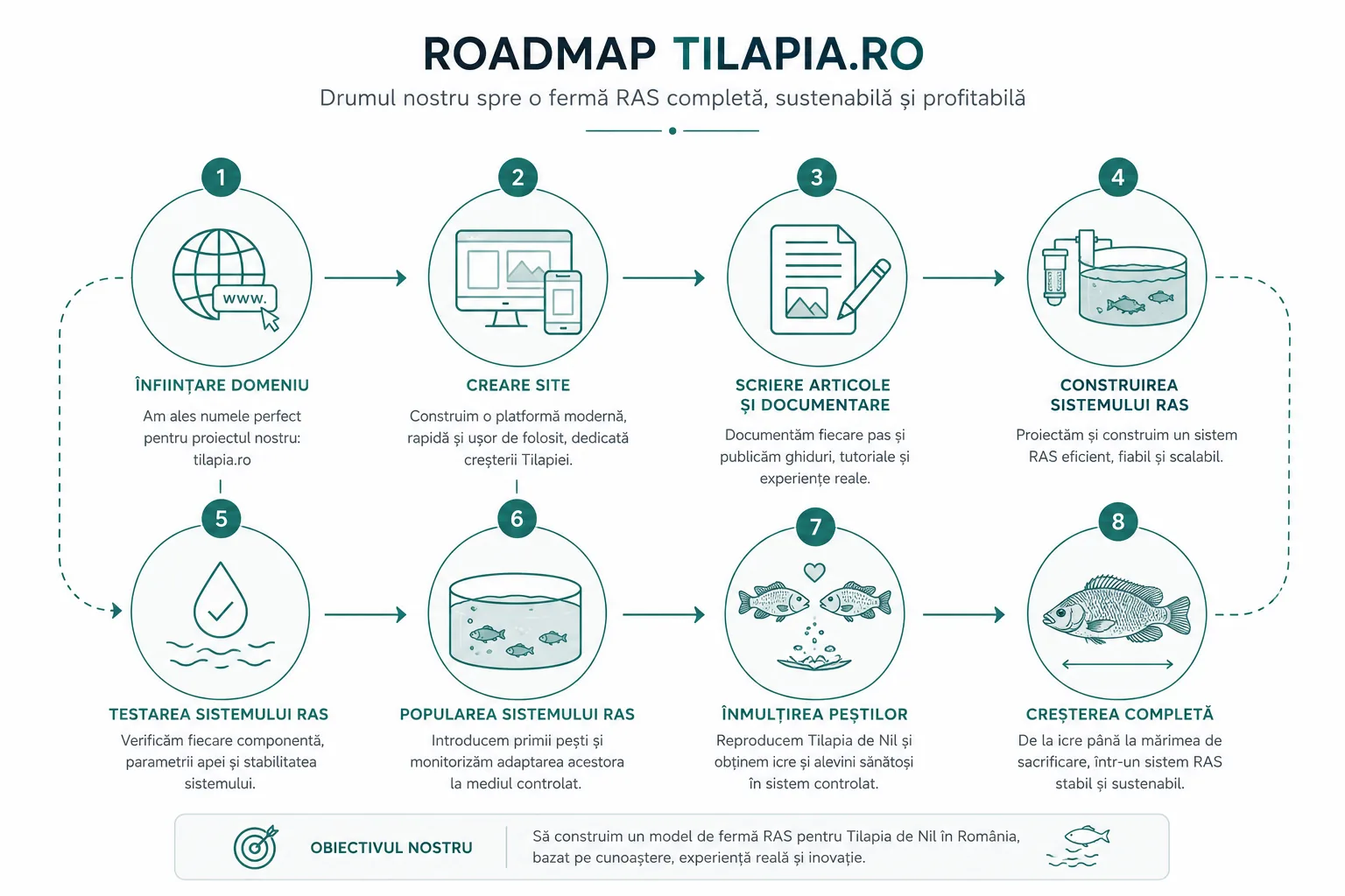 Roadmap Tilapia.ro în 8 pași: înființare domeniu, creare site, scriere articole și documentare, construirea sistemului RAS, testarea sistemului RAS, popularea sistemului RAS, înmulțirea peștilor și creșterea completă, cu obiectivul de a construi un model de fermă RAS pentru Tilapia de Nil în România.